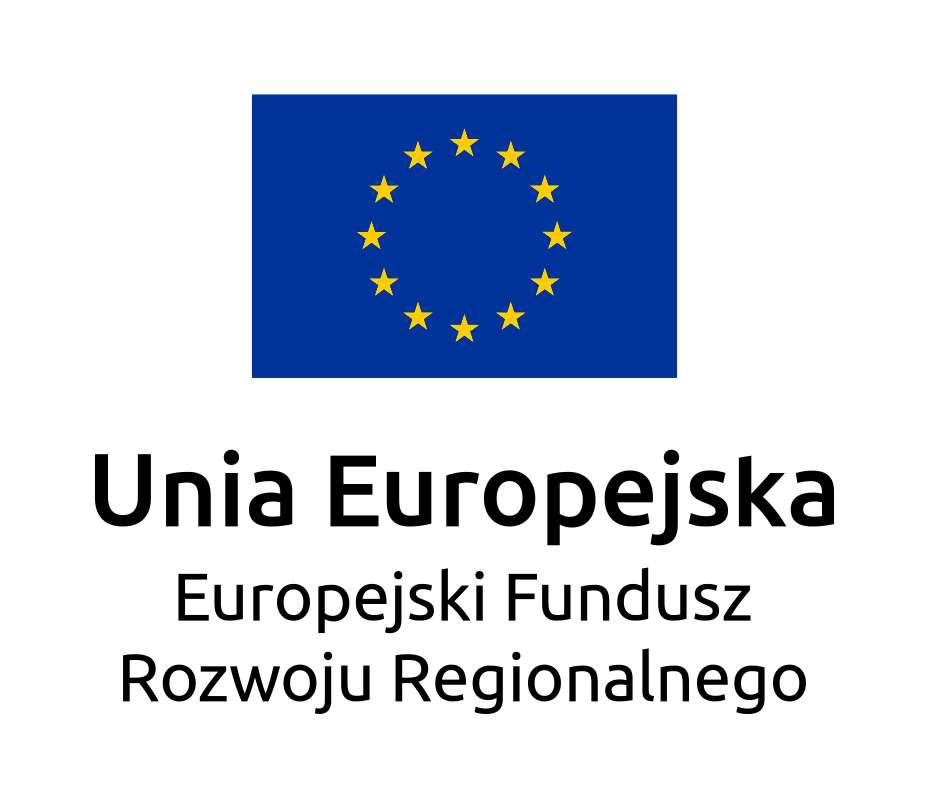Unia Europejska Logotyp - 12 żółtych gwiazdek tworzących okrąg na granatowym tle, pod nim napis Unia Europejska